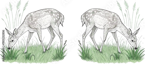 Two deer grazing in a field isolated on transparent background