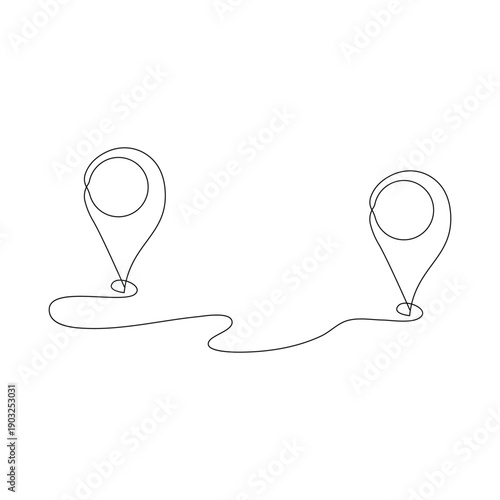 Minimalist continuous line art of two location pins connected by a path for navigation and travel concept