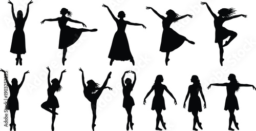 Set of black ballerina silhouettes in various elegant dance poses and positions isolated on white background for artistic performance vector