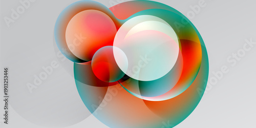 Abstract composition featuring overlapping translucent circles. Colors blendreds, teals, whitescreating dynamic visual effect. Soft gradients dominate.
