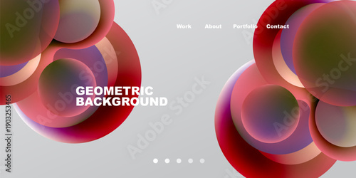 Abstract circles overlap, creating vibrant gradients. Minimalist design features text, navigation elements, dark background.