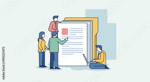 People collaborating on a document while sitting and standing around a large file folder