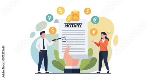 Two professionals signing a notary document surrounded by currency symbols and financial elements in a modern setting