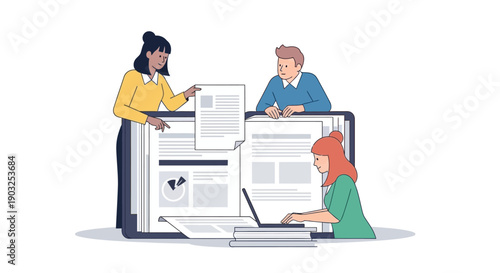 Three people collaborating on a project with laptops and documents in a modern workspace viewed from the side