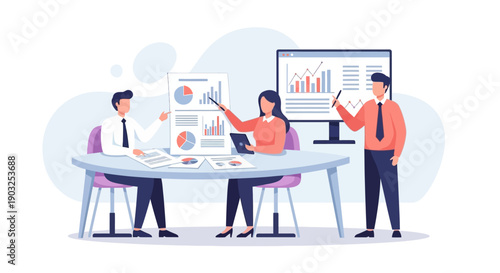 Business professionals collaborating around a table with charts and graphs on display in a modern office environment