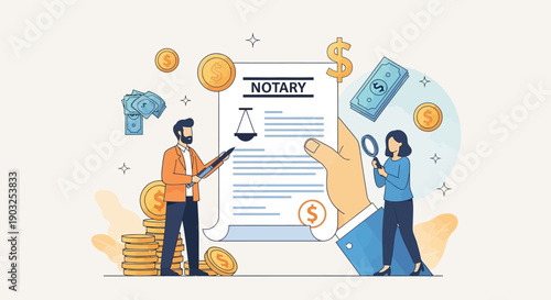 Notary Public Witnessing Document Signing with Financial Transactions and Currency Exchange