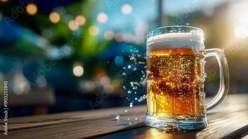 Refreshing golden beer sparkling in sunlight beside a wooden table at a lively outdoor gathering