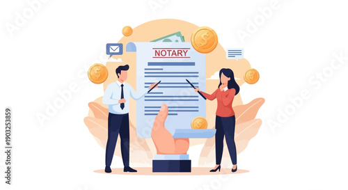 Professional man and woman signing notary document together, illustrating business and law, concept image via RJ ImageFX Auto