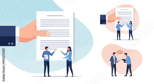 Business professionals collaborating on a document together in a modern office environment viewed from a slightly elevated perspective imagefx_919rg3