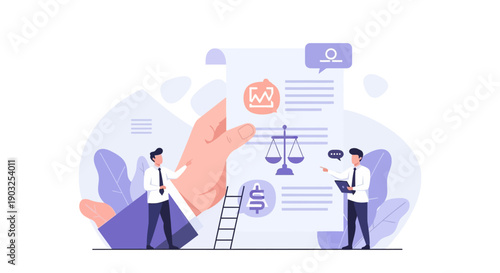 Illustration of justice and law professionals examining documents and scales in a professional setting