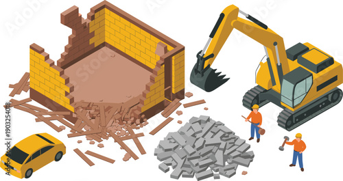 Isometric demolition illustration with excavator, workers, rubble, partially destroyed building, heavy machinery, construction industry, urban renewal vector artwork concept design