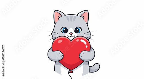 A cute gray cat mascot holding a red heart in a kawaii illustration for Valentine's Day against a clean background.