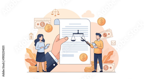 Professionals collaborating on a document with a giant hand holding a pen, surrounded by digital icons and abstract shapes