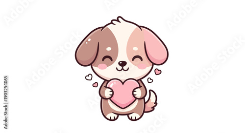 A cute, chibi-style dog mascot holds a pink heart, conveying love and happiness on a clean white background with a joyful mood.
