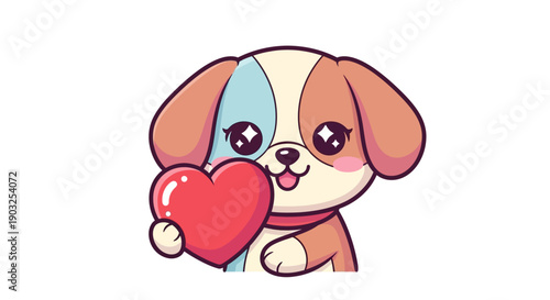 A cute, chibi-style dog mascot holding a heart on Valentine's Day with a happy and loving expression.
