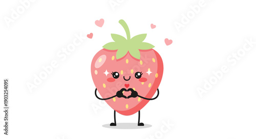 A cute, chibi-style strawberry mascot with a mustache and heart-shaped aura on a clean white background, conveying a funny and romantic mood for Valentine's Day.