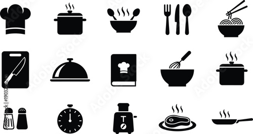 Cooking kitchen solid icon set with chef tools cookware food preparation symbols isolated vector collection modern minimal design