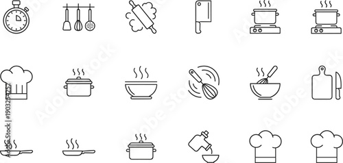 Cooking and kitchen line icons set with cookware utensils chef tools food preparation symbols vector illustration design