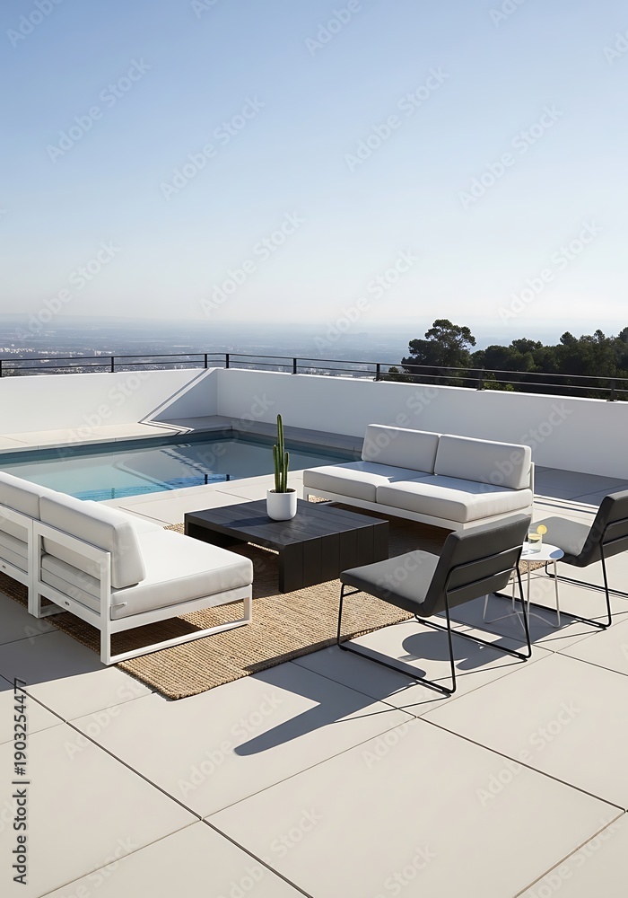 Fototapeta premium Modern outdoor living space with pool, views and designer furniture