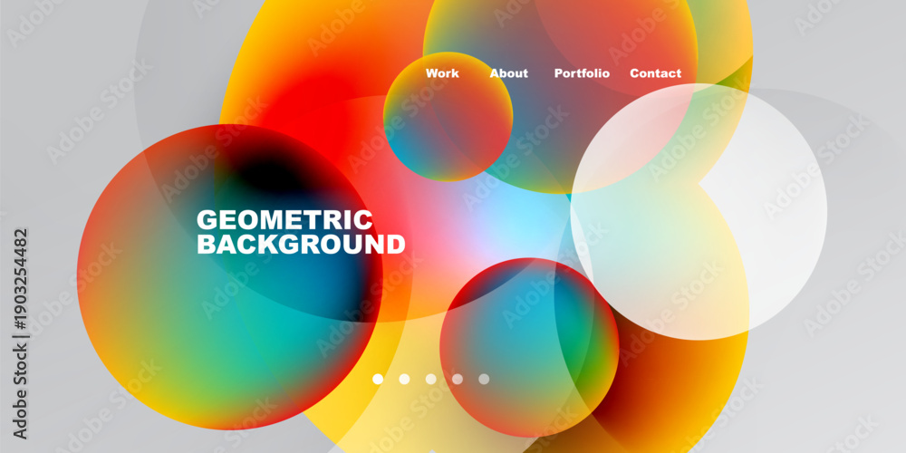Fototapeta premium Abstract colorful circles overlap, creating vibrant gradients. Text labels present portfolio navigation options. Modern design elements dominate composition.