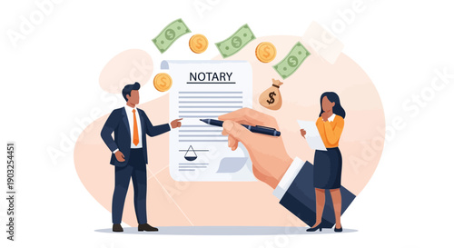 Professional notary service illustration featuring people, documents, and financial transactions in a business setting
