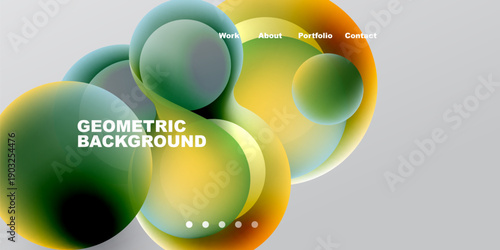 Abstract geometric shapes overlap, creating vibrant gradients. Text labels present portfolio information. Dark background enhances color contrast.