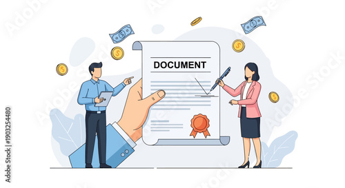 Business professionals collaborating on document near large screen display with financial elements surrounding