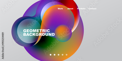 Abstract colorful shapes overlap. Text displays work, about, portfolio, contact. Gradient colors create dynamic visual effect. Dots indicate navigation.