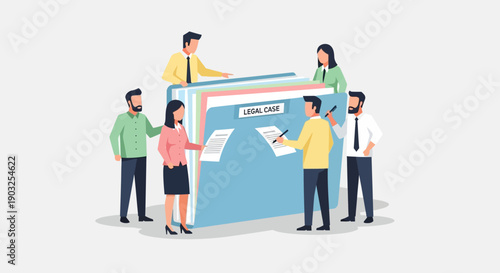 Group of people collaborating around a large blue folder with documents and files, standing together, sharing information, in a modern office environment, from a slightly elevated viewpoint