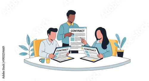 Business professionals discussing contract documents around a table with papers and digital devices