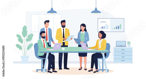 Office meeting scene with professionals collaborating around a table, viewed from a slightly elevated angle.