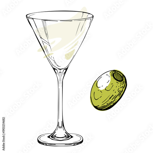 Flat vector Martini, gin tonic, margarita cocktail in hand drawn ink glass with olive fruit garnish element. Balanced proportions, elegant line. Design for product design, drink apps, decorative sets.