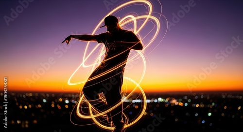 Silhouette Breakdancer with Neon Light Trails
