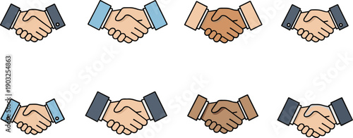 handshake set with multicultural skin tones for partnership concept agreement; cooperation; collaboration; deal