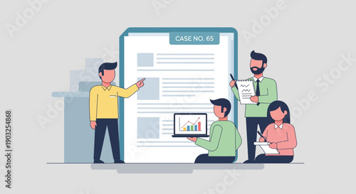 Professionals collaborating on a large document with graphs and charts displayed on a screen in a modern office environment