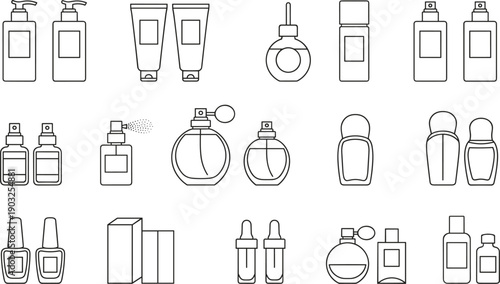 Cosmetic and personal care product line icons set with perfume lotion spray bottles beauty packaging symbols vector