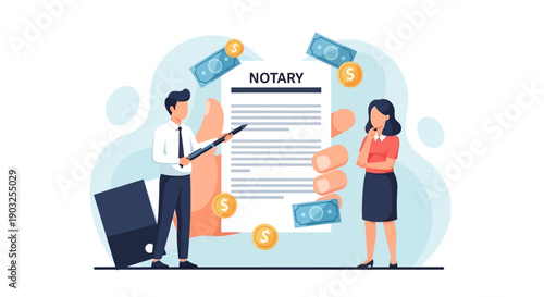 Notary Public Witnessing Document Signing with Financial Transaction Illustration
