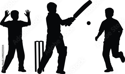 Black silhouette of cricket players in various actions