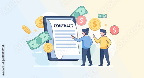 Two individuals examining a large contract document on a digital tablet, surrounded by floating currency symbols and financial elements.