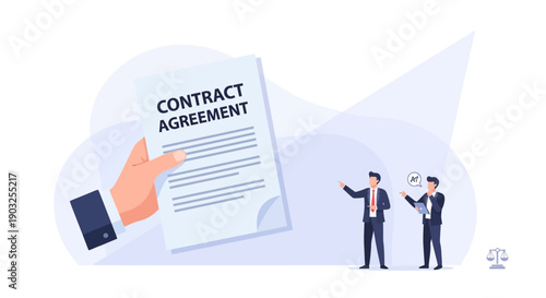 Business professionals discussing contract agreement while standing and shaking hands in a modern office environment