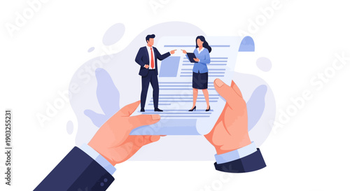 Vector illustration of business professionals shaking hands over a digital tablet with documents