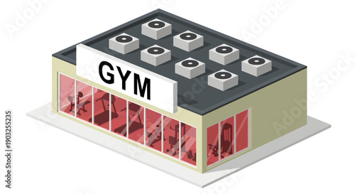 An isometric view of a beige gym building featuring a bold white sign, eight rooftop air conditioning units, and red-tinted windows that reveal silhouettes of treadmills and weight benches inside