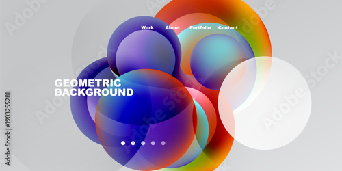 Abstract geometric shapes overlap. Vibrant colors blend, creating modern design. Text labels indicate website sections. Minimalist aesthetic.