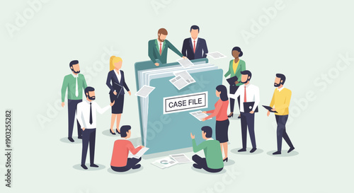 Group of people collaborating around a large file, discussing case details together