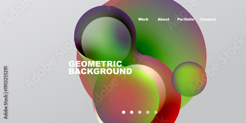 Abstract colorful shapes overlap dark background. Menu options present top right. Dots indicate further content below. Modern design.