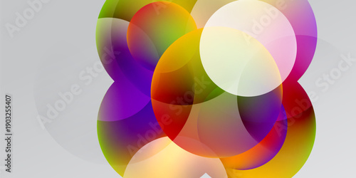 Abstract colorful circles overlap, creating vibrant gradients. Soft lighting highlights translucent shapes against dark background.