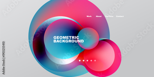 Abstract design features vibrant overlapping circles. Text reads Geometric Background with navigation options above. Minimalist aesthetic, dark backdrop.