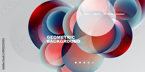 Abstract design features overlapping colorful circles. Gradient shades create dynamic visual effect. Text includes menu options, geometric background.