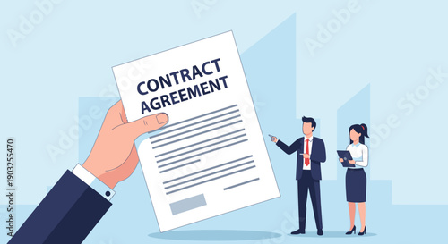 Business professionals discussing contract agreement in a modern office setting viewed from a slight angle