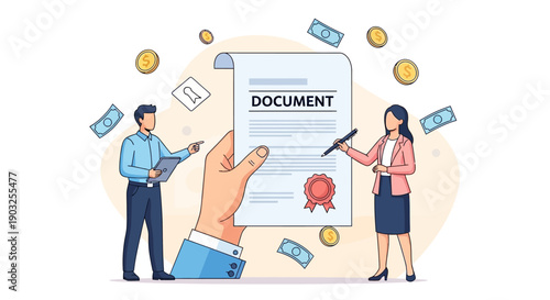 Business professionals exchanging a document with a red seal amidst floating currency and documents in a modern office environment